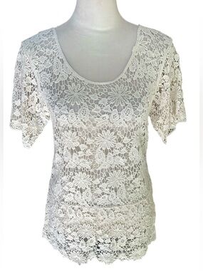 SJS Y2K  Cream  Floral Lace Short Sleeve Women's Crochet Top | Boho | Festival